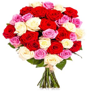 Pugét 25 bílých, červených a růžových růží